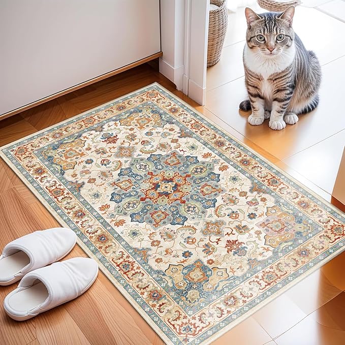 Enkor Area Soft Rugs 2x3 Washable Non Slip Boho Small Floor Entryway Rugs for Living Room Bedroom, Vintage Style Farmhouse Mat for Kitchen Orange & Beige