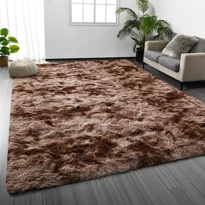 Large Shag Area Rugs 6 x 9, Tie-Dyed Plush Fuzzy Rugs for Living Room, Ultra Soft Fluffy Furry Rug for Bedroom, Indoor Carpet Nursery Rugs for Kids Room Home Decor, Coffee