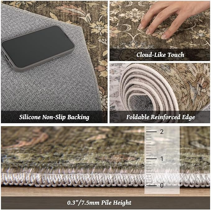Washable 10x14 Area Rugs for Living Room, Boho Non-Slip Vintage Distress Large Rugs for Bedroom Dining Room Office, 0.3" Neutral Oriental Throw Thin Carpet, Tan/Flaxen/Multi