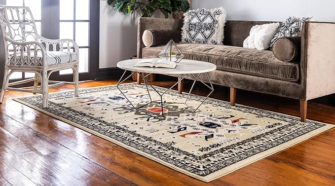Unique Loom Taftan Collection Border Geometric Tribal Inspired Design Area Rug (5' 0 x 8' 0 Rectangular, Gold/ Gray)