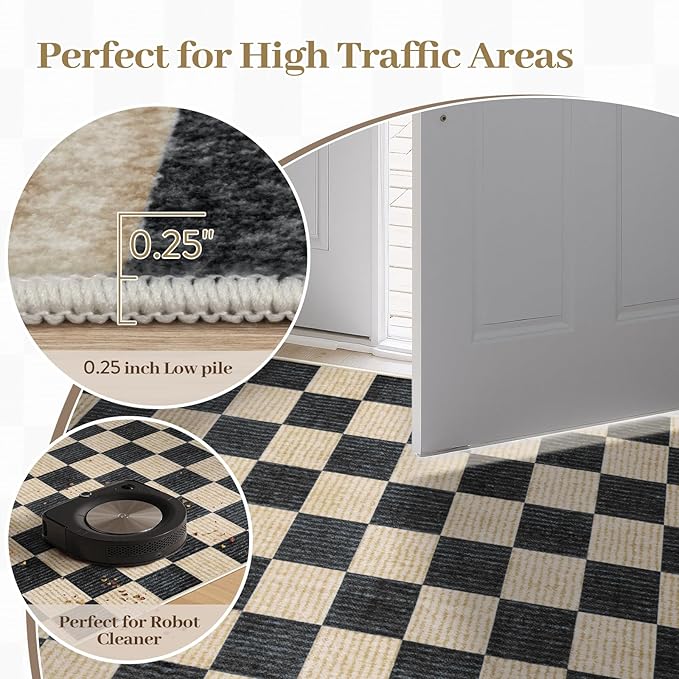 LIVEBOX 10x14 Area Rugs for Living Room, Checkered Non-Slip Washable Rugs, Farmhouse Neutral Classic Geometric Pattern Large Boys Area Rug for Bedroom, Carpet for Dining Room Office (Black,10'x14')