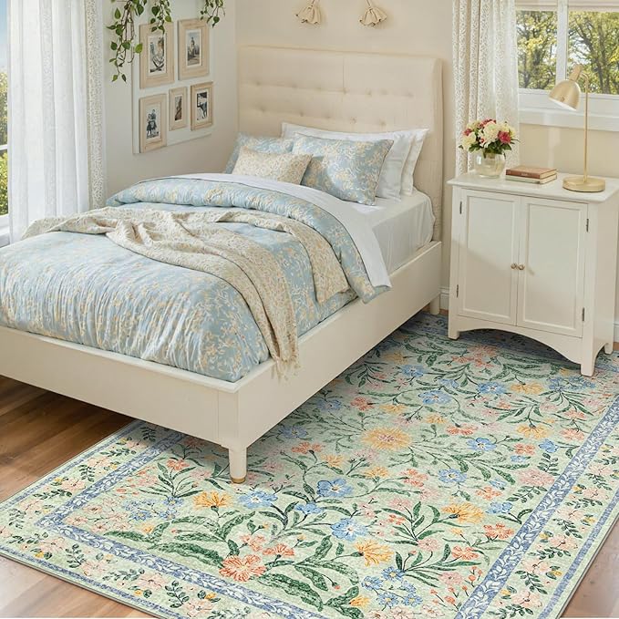 Wonnitar Machine Washable 5x7 Area Rug, Boho Floral Rugs for Living Room Non-Slip, Soft Pink and Green Flower Ultra-Thin Non Shedding Carpet for Bedroom Dining Room Nursery