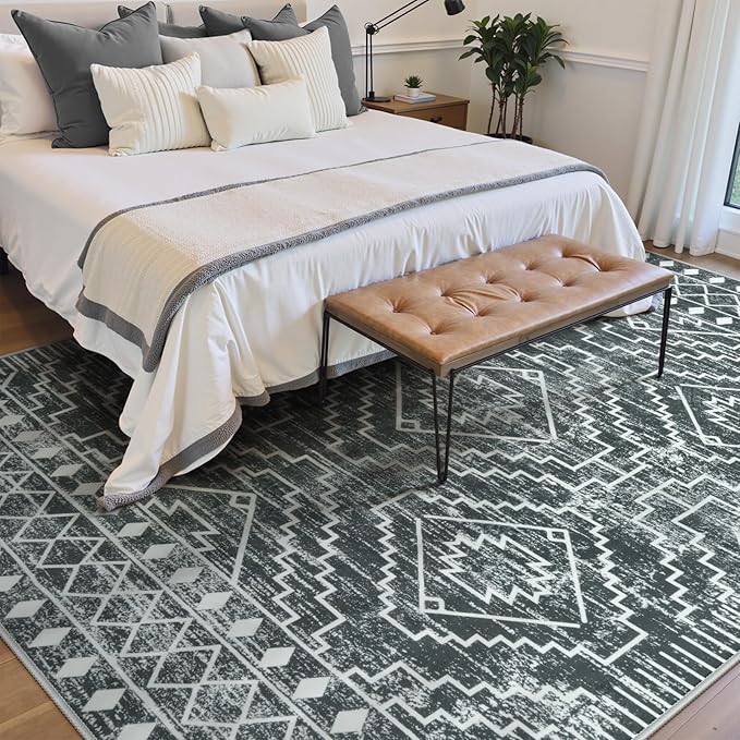 Wonnitar Moroccan 6x9 Area Rugs, Washable Grey Rugs for Living Room, Large Soft Bedroom Throw Rug, Non-Slip Stain Resistant Thin Boho Floor Carpet for Dining Room Home Office Decor (Dark Grey,6'x9')