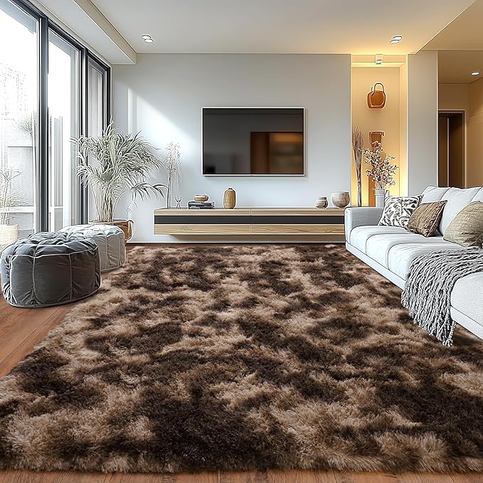 Upgrade Non-Slip Plush Rugs for Living Room, Soft Shaggy Carpets for Living Room, Fuzzy Rugs for Kids' Room, Perfect Decor for Modern Home Tie Dye Coffee 8x10Feet