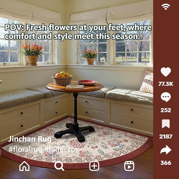 jinchan Elora Floral Corner Rug for Living Room Washable Bedroom Rug Vintage Romance Design Non Slip Quarter Circle Lightweight Low-Pile Throw Carpet for Reading Nook Playroom,8ft Radius, Red/Beige