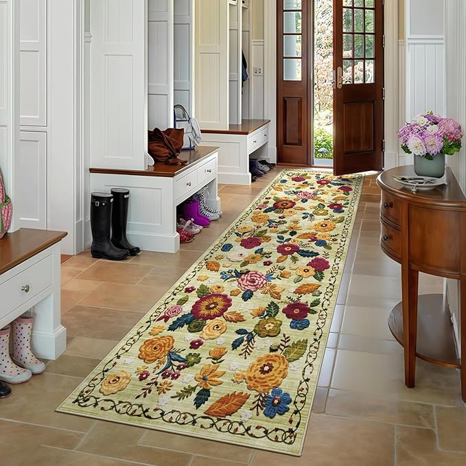 2'6''x8' Machine Washable Runner Rug, Kitchen Hallway Area Rug Green Vintage Boho Floral Ultra Non-Slip Low Pile Soft Faux Wool Carpet, Kids and Pets Friendly for Bedroom Entryway Nursery Decor Rug
