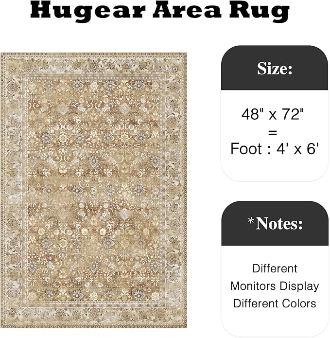 HUGEAR 4x6 Machine Washable Rugs Brown Beige Hallway Area Rug Indoor Accent Rug Floral Low Pile Carpet Soft Throw Rug Bedroom Living Room Office Dining Room Kitchen Laundry Room Non Slip