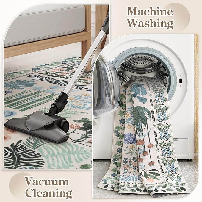 Floral Boho 5x7 Area Rugs for Bedroom Living Room, Botanical Soft Dining Room Rug, Large Non Slip Stain Resistant Indoor Throw Carpet for Entryway Kitchen Office Playroom (Beige,5 x 7)