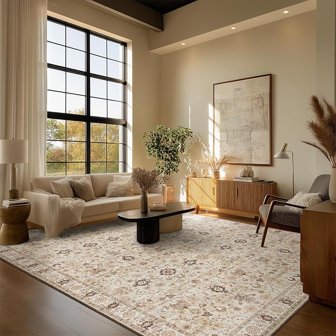 8x10 Washable Area Rugs Ultral Soft Non-Slip Stain Resistant Vintage Boho Large Carpet for High-Traffic Living Room & Dining Room