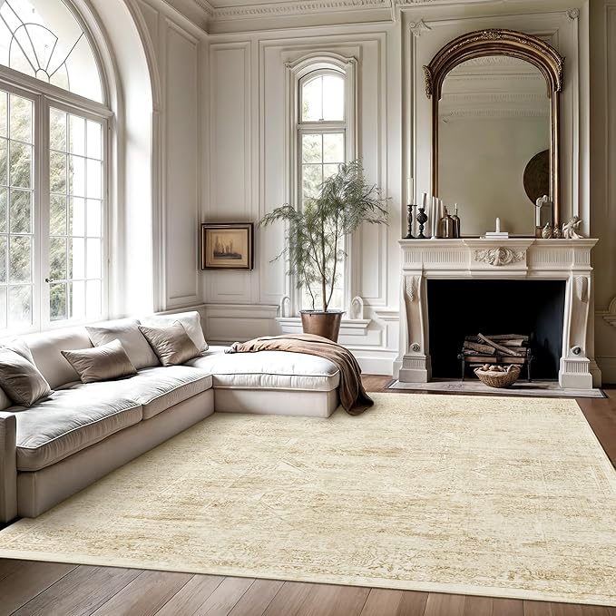 Washable Area Rug 8x10, Large Soft Rugs for Living Room Vintage Beige 8x10 Area Rugs for Bedroom Dining Room Floral Non-Slip Thin Rug