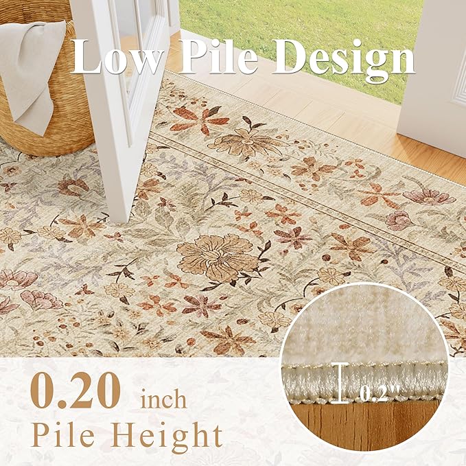 DUKINO 2x3 Entryway Rug, Floral Washable Area Rug with Non Slip Indoor Door Mat, Vintage Low Pile Small Front Door Throw Carpet for Kitchen, Entrance, Bathroom, Bedroom, Beige