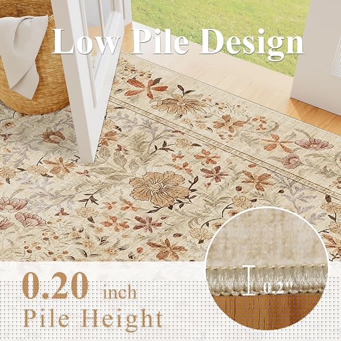DOKINO 2x10 Runner Rug for Hallway, Vintage Washable Long Kitchen Rug with Low Pile Design, Floral Non Slip Soft Carpet Runner for Hallway, Kitchen, Bathroom, Bedroom, Beige