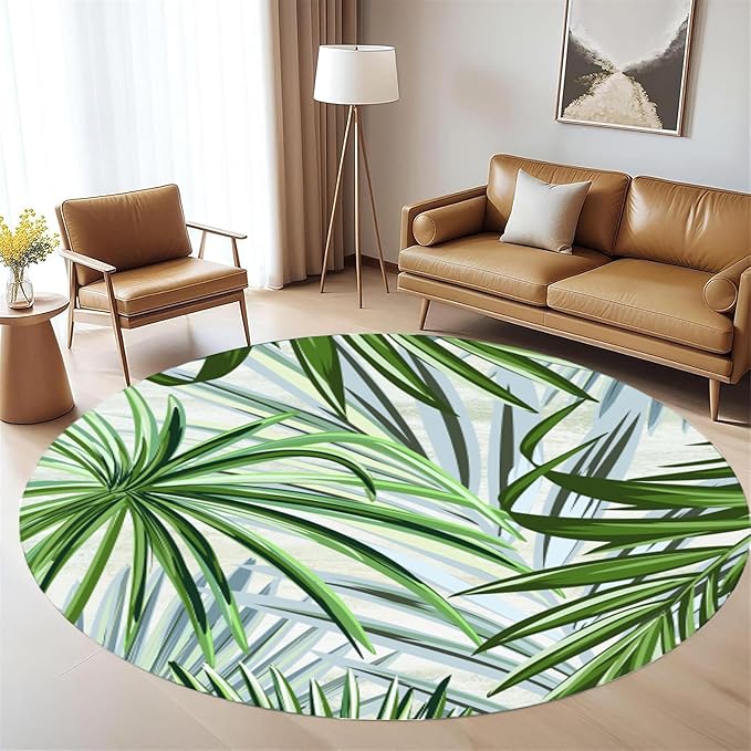 Round Rug 7ft - Pink Tropical Floral with Watercolor Leaves, Non-Slip Low Pile Circle Rug, Bohemian Jungle Turtleback Design for Dining Room Table, Living Room, Bedroom
