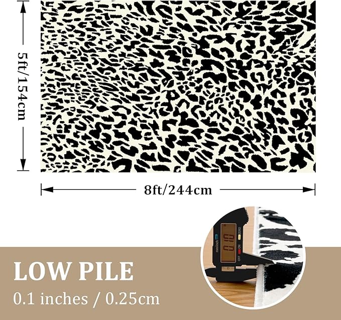 YIHOUSE Leopard Rug for Living Room, 5x7 Black and White Cute Cheetah Print Rug Modern Washable Ultra-Thin Animal Printed Rugs for Bedroom, Girls Boys Dorm Room Nursery Room, Playroom