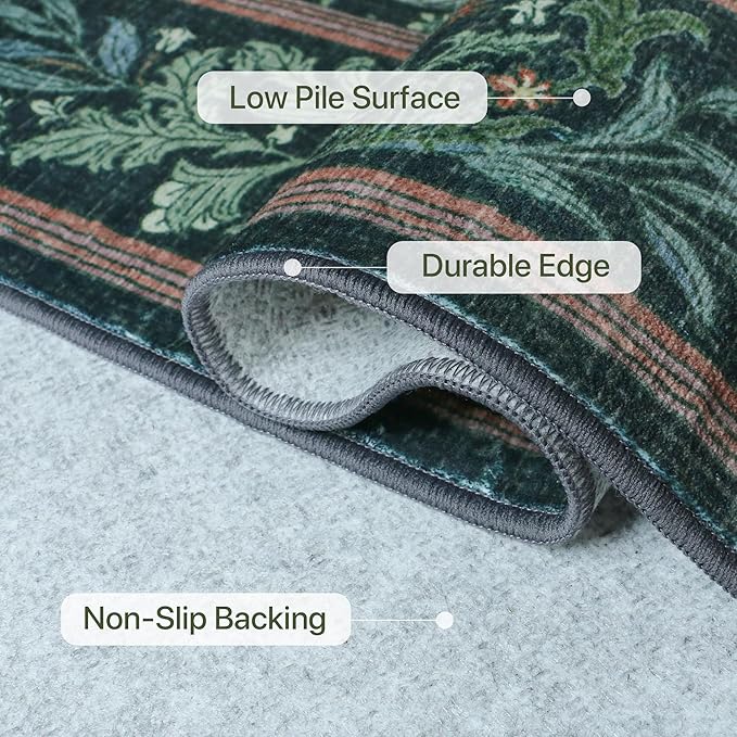 Bavni Boho Floral Kitchen Runner Rug 2x6, Washable Non Slip Thin Carpet for Hallway Bathroom Laundry Room, Ultra Soft Botanical Runner for Entryway, Modern Indoor Floor Decor, Dark Green