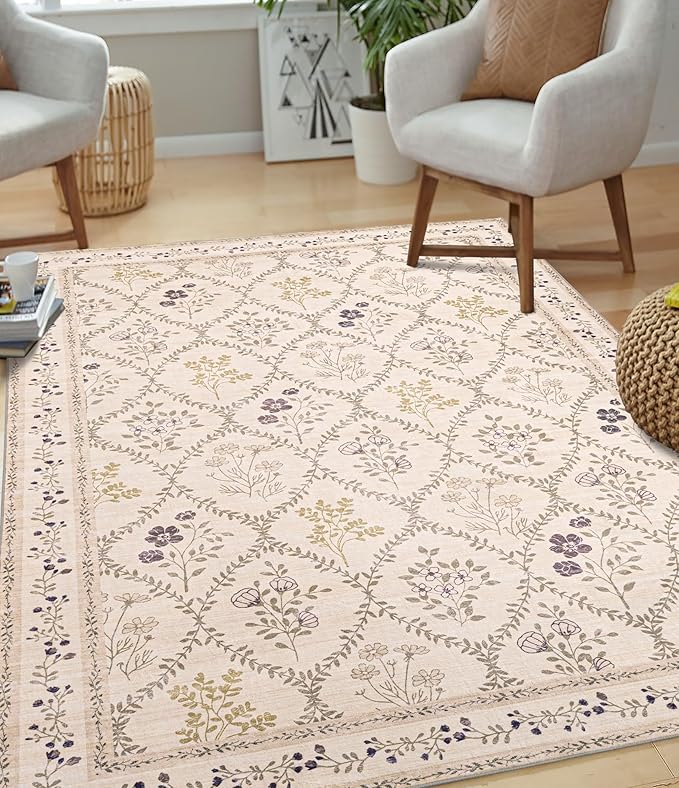 YIHOUSE Beige Floral Print Rugs, Moroccan Trellis 10x14 Washable Large Rug, Modern Pastel Non Slip Ultra-Thin Area Rug for Classroom, Nursery Playroom,Dorm,Bedroom,Living Room, Beige Multi