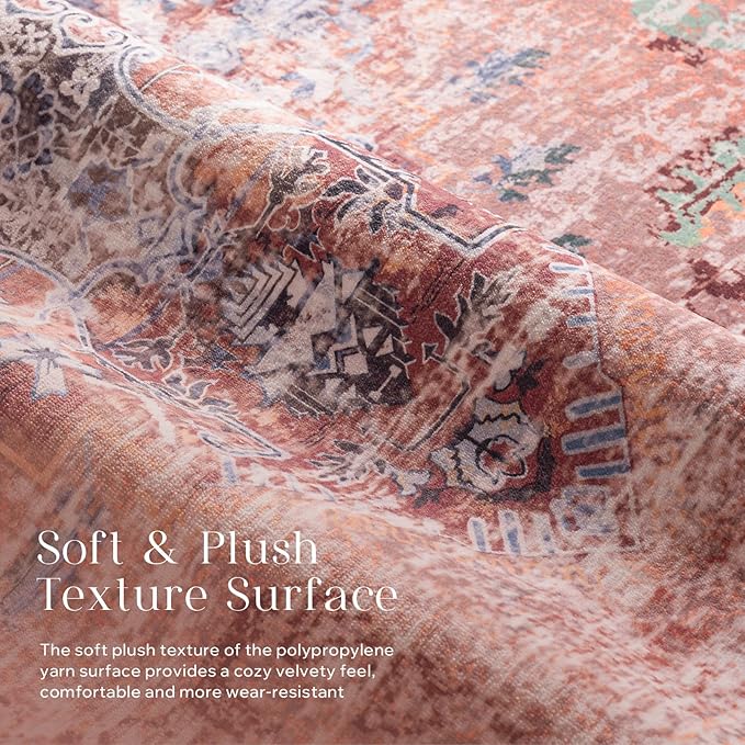 Phantoscope Washable Area Rug 9'x12' Non-Slip, Vintage Neutral Fall Rugs for Living Room, Bedroom, Dining Room, Distressed Boho Medallion Pattern, Low-Pile Foldable Floor Carpet, Rust Orange