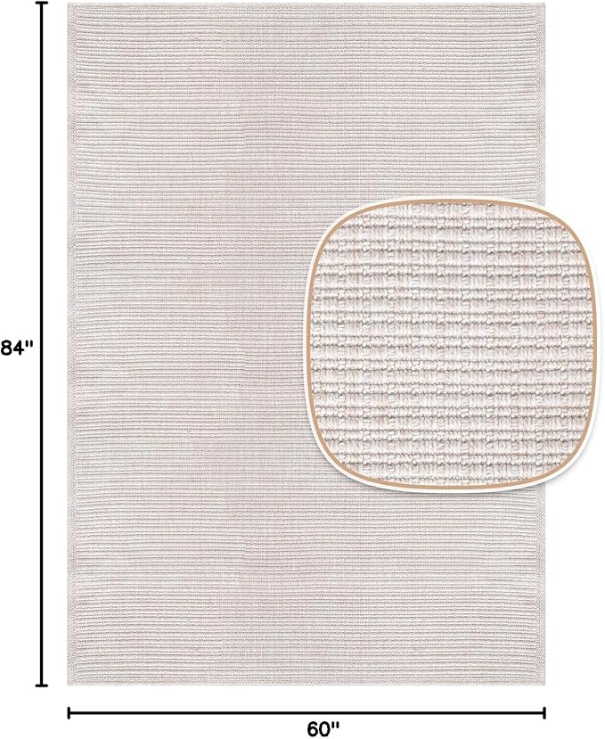 Beverly Rug Easy Jute Off White Rug 5x7 Solid Washable Durable Outdoor Indoor Area Rugs for Living Dining Room Patio Office Stain Resistant Non Shedding Casual Indoor Outside Carpet (5 x 7 Off-White)