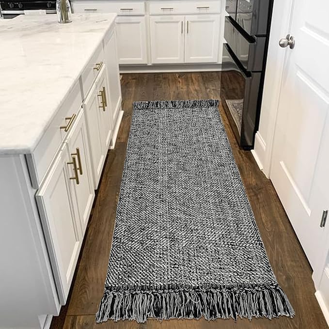 Collive Hallway Runner Rug, 2' x 6' Hand-Woven Reversible Washable , Black Cotton Modern Farmhouse Laundry Room Rug Long Carpet for Bathroom Sink Foyer Bedroom