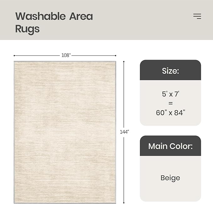 Valenrug Washable Rugs 5x7 - Non Slip 5x7 Area Rugs for Living Room, Stain Resistant Area Rugs for Bedroom, Foldable Machine Washable Area Rug(5'x7', Beige)