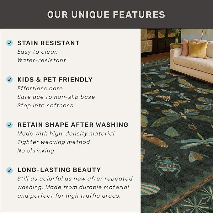 Forest Green Rugs for Living Room - 9x12 Big Rugs for Bedroom, Dining Room, Guest Room, Insect Moth Décor, Non Slip Low Pile