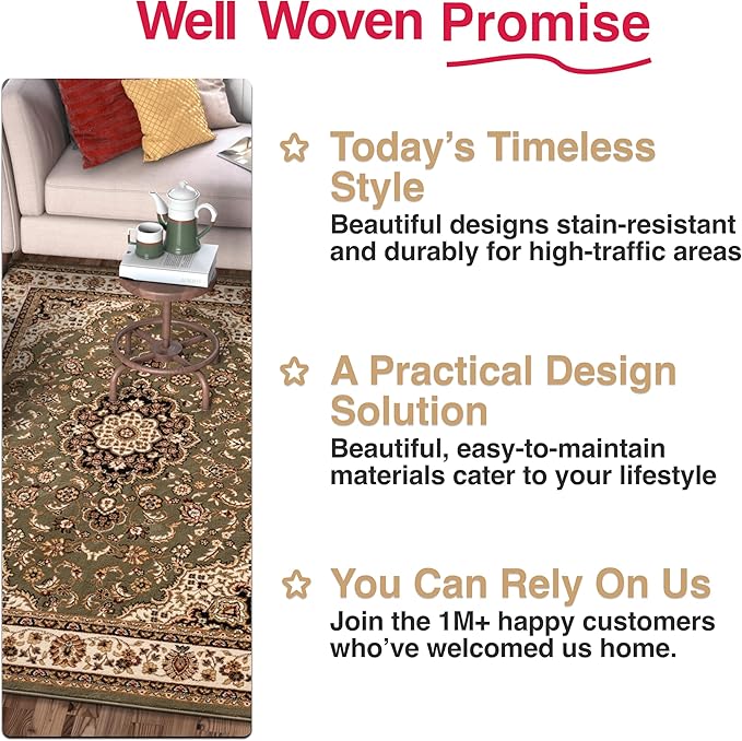 Well Woven Barclay Collection Medallion Kashan Green 9x12 Area Rug - for Living Room, Bedroom, and Dining Room