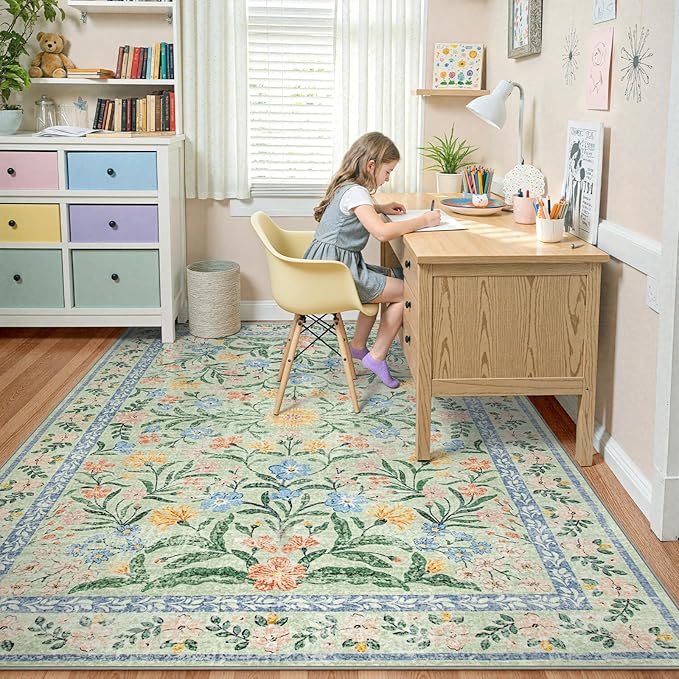 Wonnitar Boho Washable Rugs 8x10, Large Floral Rugs for Bedroom, 8 x 10 Soft Green Living Room Carpet, Non Slip Ultra-Thin Carpet for Kids Playroom Dorm Dining Room