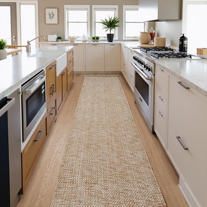 Collive Boho Long Hallway Runner Rug, 2.6x14 ft Washable Runners Rugs for Hall Tan/Cream Low Pile Kitchen Runer Carpet, Woven Cotton Carpets Runners for Entryway Bedside