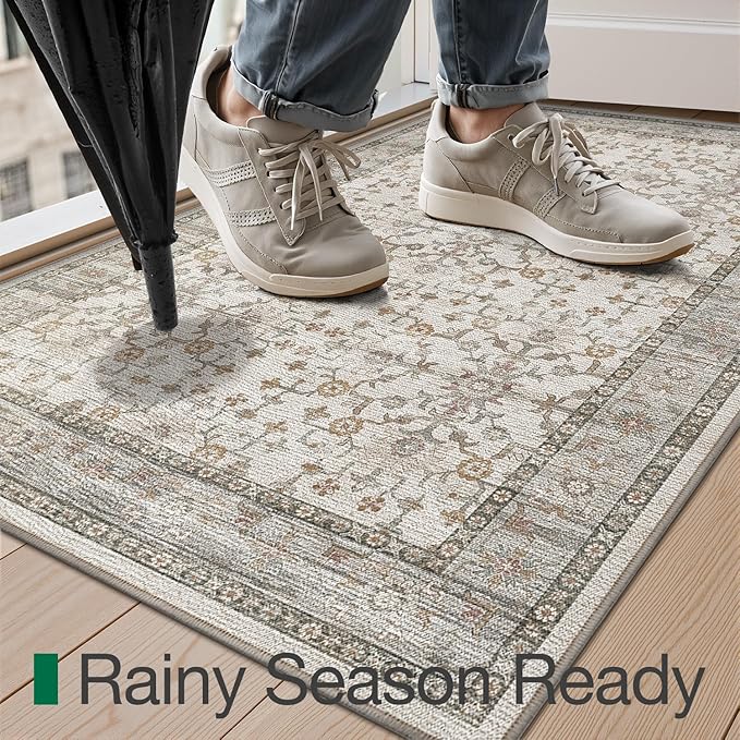 LUMI Indoor Thin Door Mat, 18x30 Washable Small Inside Doormat, Non Slip Low Pile Oriental Floor Carpet, Vintage Distressed Area Rug for Front Door,Entrance,Bedroom, Celadon