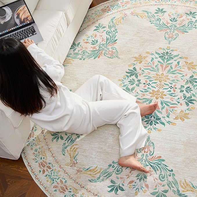 jinchan Round Rug 5ft Area Rugs Vintage Floral Distressed Design, Machine Washable Soft Non-Slip Low-Pile Ultra-Thin Circle Rug for Entryway Living Room Dining Room Bedroom (5' Round, Apricot Multi)