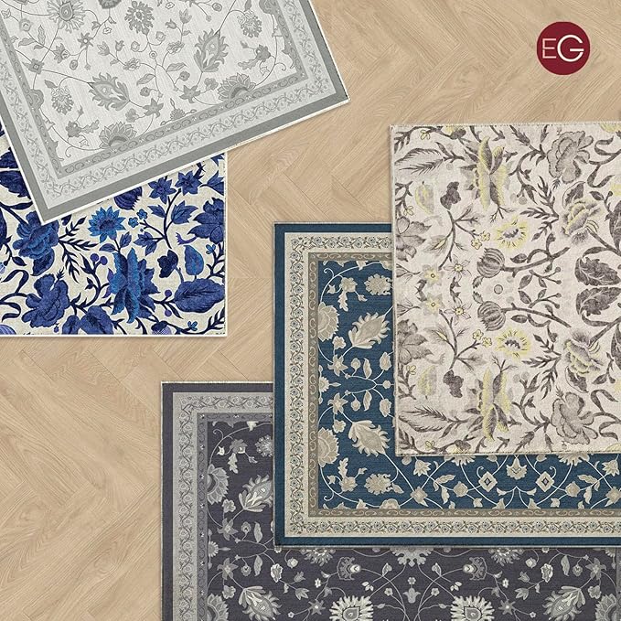 EVERGRACE Hallyway Area Runner Rugs 2x6, Boho Floral Faux Wool Indoor Outdoor Rugs, Washable Rugs for Bedroom Bathroom Living Room Kitchen, Low Pile Floor Mat Carpet for Home Decor, Gray