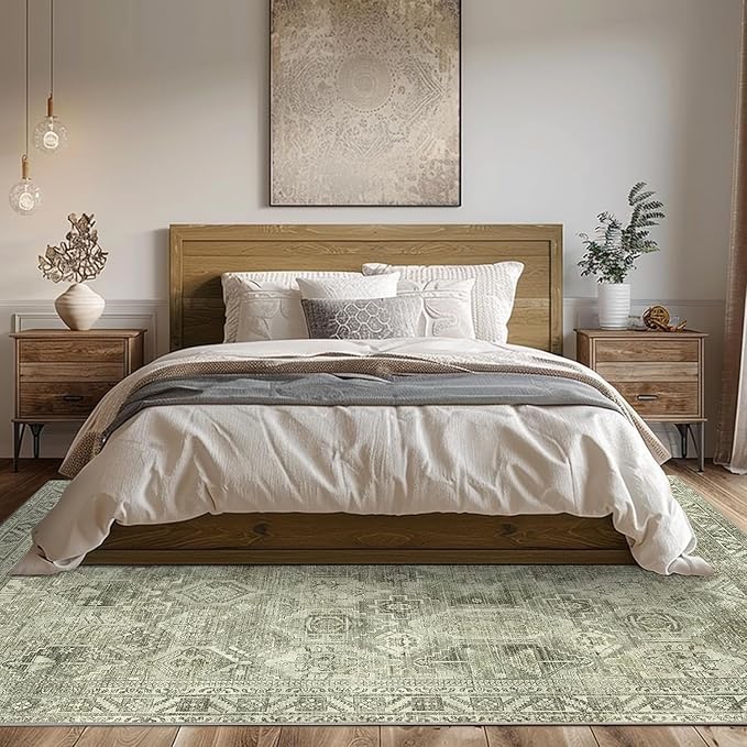 Bavni Area Rug 6x9 Machine Washable Vintage Distressed Print Ultra-Thin Chenille Bedroom Living Room Accent Rug, Low Pile Lightweight Non Slip with Gripper, Forgotten Sandstone