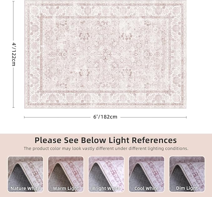 Light Pink 4x6 Rugs for Bedroom Nursery Rug Vintage Aesthetic Cute Boho Floral Washable Area Rug Indoor Carpet for Kids Room Playroom Living Room
