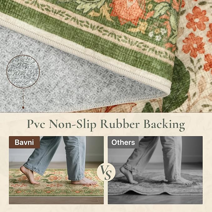 Bavni 8x10 Area Rugs for Living Room, Microfiber Machine Washable Non-Slip Vintage Floral Rug, Low Pile Lightweight Carpet for Bedroom, Dining Room, Home Office, Sage Green & Burnt Orange