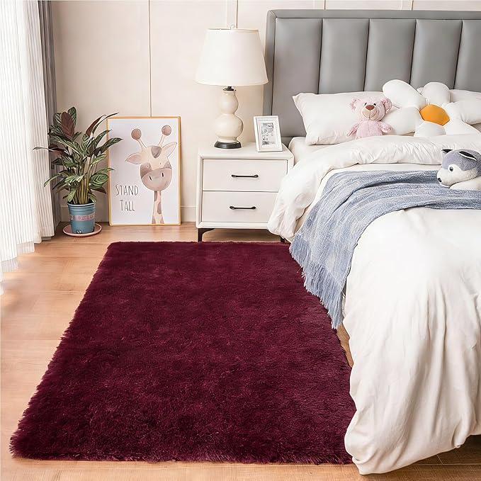 duduta Burgundy Plush Runner Rugs 2x6 ft, Fluffy Shag Rug for Bedroom Nursery Bedside, Machine Washable Non Slip