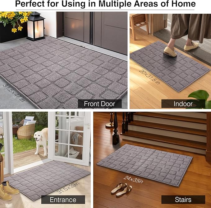 Front Door Mat Outside Entrance, Outdoor Indoor Door Mats for Entryway, Entrance, Entry, Patio, Waterproof Non Slip Doormat, Low-Profile, 24" × 35“, Grey