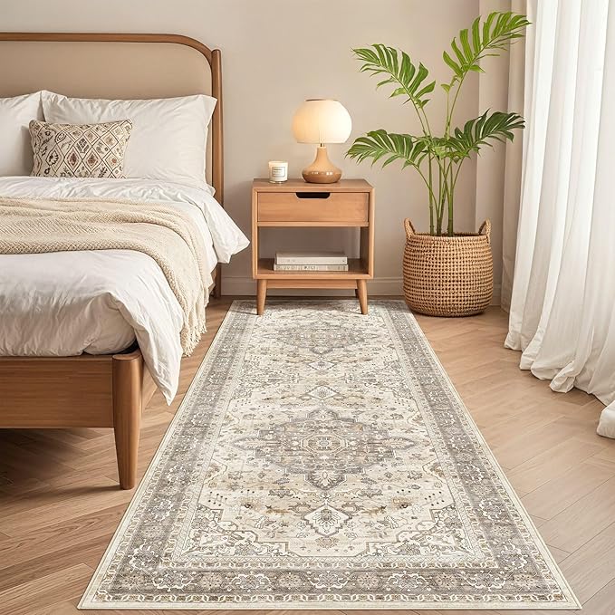 Runner Rug Kitchen Washable Rugs: 2x6 Non-Slip Boho Soft Vintage Stain Resistant Indoor Floor Neutral Farmhouse Throw Carpet for Hallway Bathroom Laundry Room Entryway Bedroom- Brown