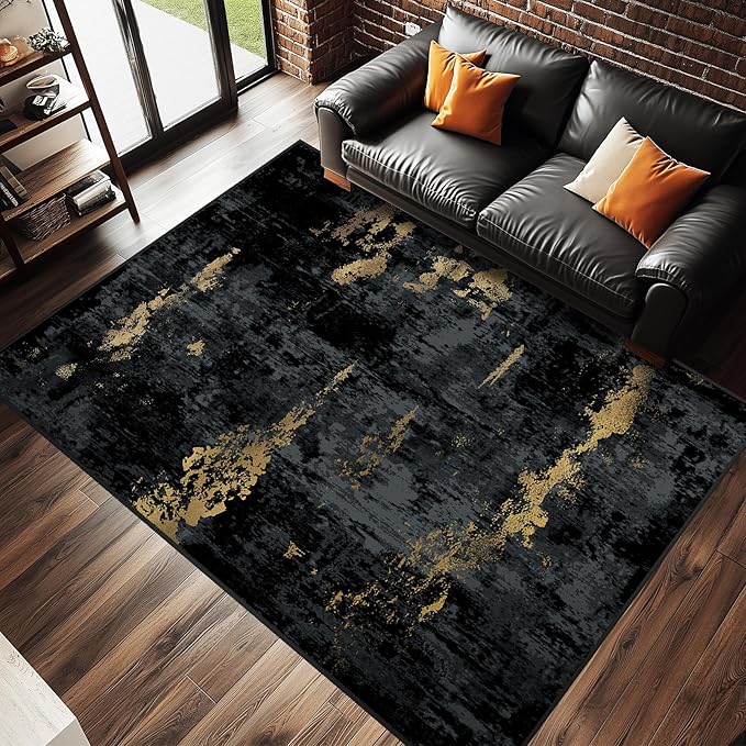 Washable Area Rugs 8'x10' Non-Slip Modern Abstract Soft for Living Room Entryway Bedroom Nursery, Print Pattern, Dark Black Gold