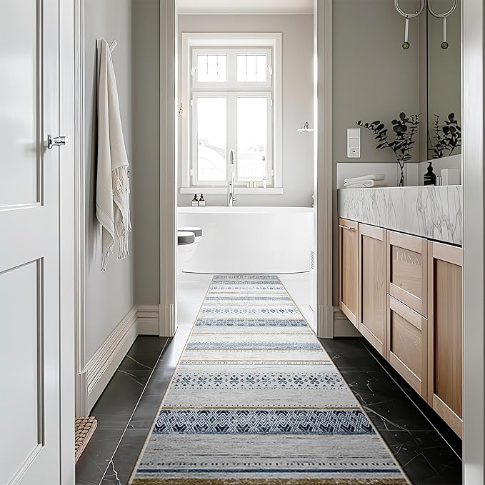 BESTSWEETIE 2x10 Area Rugs for Living Room Washable Moroccan Farmhouse Neutral Geometric Low Pile Non-Slip Soft Print Pattern Rug for Bedroom Kitchen Dining Room Entryway Blue/Brown
