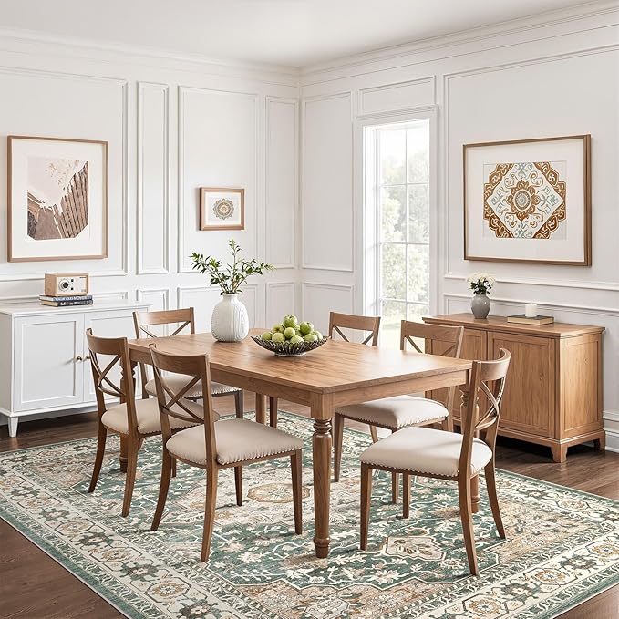9x12 Area Rug Living Room: Machine Washable Boho Large Vintage Soft Rugs Stain Resistant Farmhouse Oriental Non Slip Indoor Floor Carpet for Bedroom Nursery Kids Playroom Office Dining Room- Green