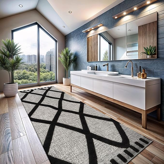 CAMILSON Modern Runner Rug 2x7 Luxury Diamond Pattern Micro Loop Hallway Rugs Soft High-Low Pile Stain Resistant Easy to Clean Non-Shedding Durable Entryway Kitchen Indoor Area Carpet (Black/Gray)