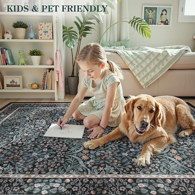Lahome Floral Washable Rugs 8x10, Soft 8x10 Area Rugs for Living Room Bedroom, Boho Non-Slip Forest Stain Resistance Large Throw Carpet for Farmhouse Dining Room Office, Black