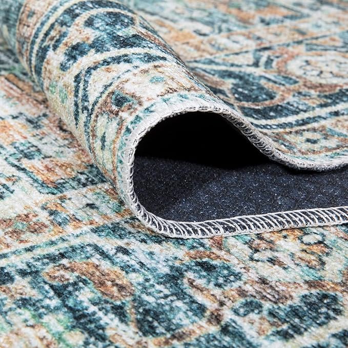Bloom Rugs Caria Washable Non-Slip 12 ft Runner - Blue Green/Tangerine Traditional Runner for Entryway, Hallway, Bathroom, and Kitchen - Exact Size: 2'6" x 12'
