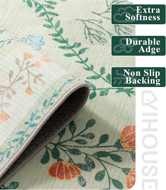 YIHOUSE 8x10 Washable Rug for Living Room, Green Floral Rugs for Bedroom Boho Area Rug Non Slip Ultra-Thin Large Rug for Kids Playroom, Classroom, Girls Dorm, Nursery, Green Multi