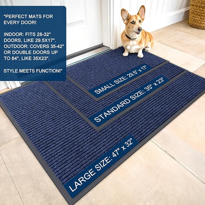 OLANLY Front Door Mat Indoor Outdoor Entrance, Waterproof Heavy Duty Doormat, Fade Resistant, Low Profile, Easy Clean Patio Porch Welcome Floor Mats for Entry, 59x30, Blue