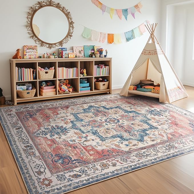 Boho Rugs for Bedroom Girls Playroom, Distressed Medallion Printed 8x10 Rugs for Living Room Kids Room Nursery, Washable Non Slip Low Pile Thin Soft Carpet Rugs Dining Room, Blue/Pale Salmon