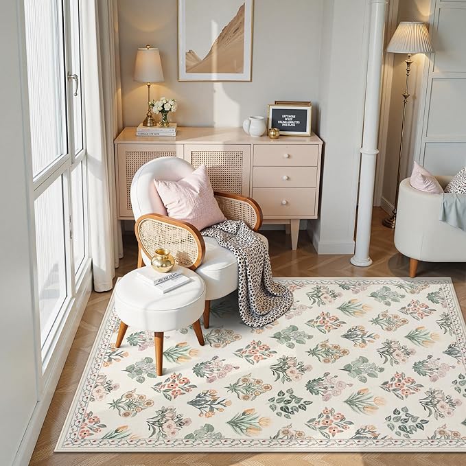 Wonnitar 5x7 Rug for Bedroom Decor, Washable Nursery Rug for Baby, Neutral Ultra-Thin Non Slip Floral Print Carpet for Kids Room Farmhouse Living Room Office, Cream Beige