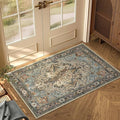 2x3 Machine Washable Area Rug for Entryway, Blue Beige Boho Vintage Floral Rug Non-Slip Low Pile Soft Faux Wool Small Carpet, Kids and Pets Friendly for Bedroom Kitchen Hallway Bedside Home Decor Rug