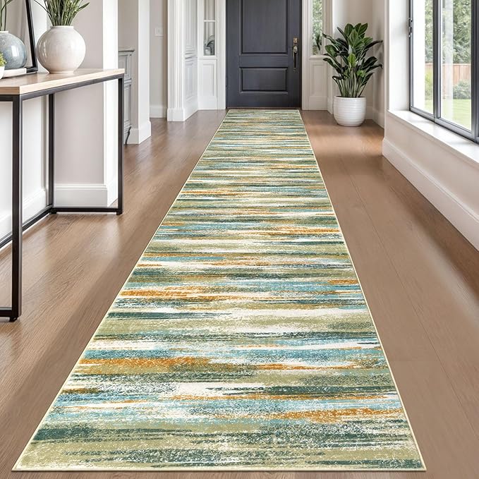 Modern Abstract Runner Rug 2.6x18, Green Mustard Multi Washable Long Kitchen Runner Non-Slip Soft Hallway Rug Runner Thin Print Faux Wool Carpet for Entryway Bedroom Laundry Room Indoor