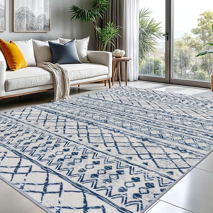 KUTA Moroccan 8x10 Rugs for Living Room Blue White, Washable Boho Area Rug Non-Slip, Ultra Soft Geometric Tribal Traditional Farmhouse Carpet for Dining Room Bedroom Dorm Office Home Decor